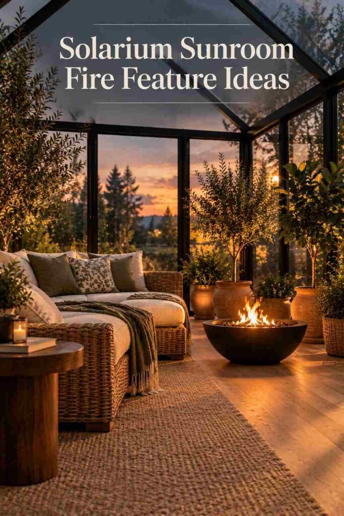 Small black-metal fire bowl glowing on a wood floor inside a glass-walled solarium at dusk.