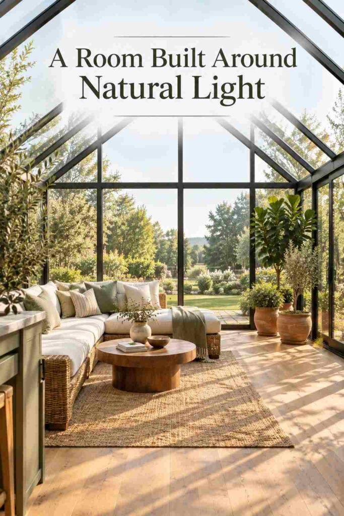 Solarium sunroom seating area facing floor-to-ceiling glass walls overlooking a garden.