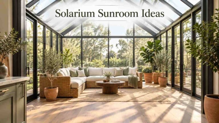Glass-roofed solarium sunroom with rattan seating, wood flooring, and potted plants filled with morning light.