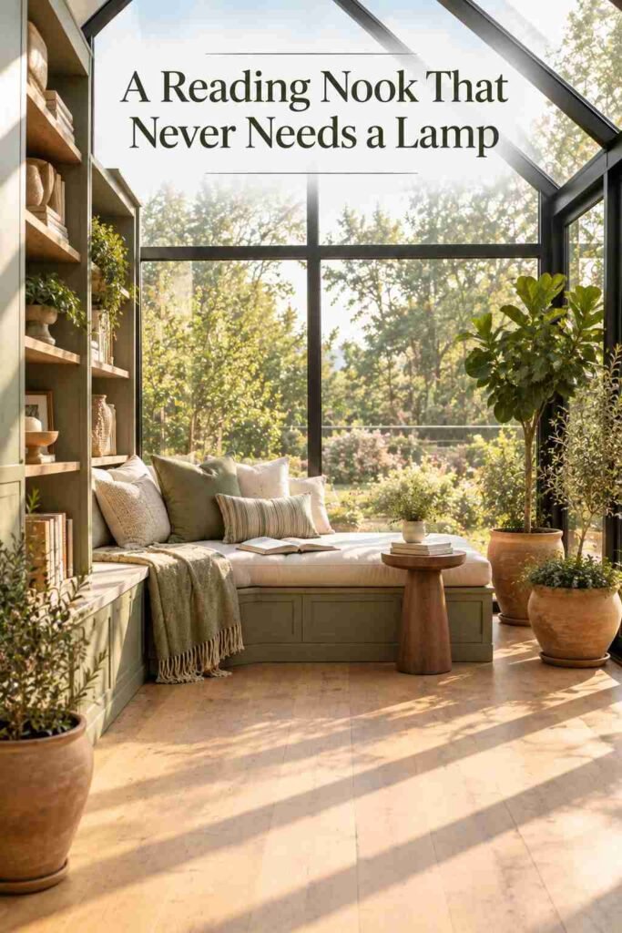 Daybed reading nook with cushions and built-in shelving beside a glass solarium wall.