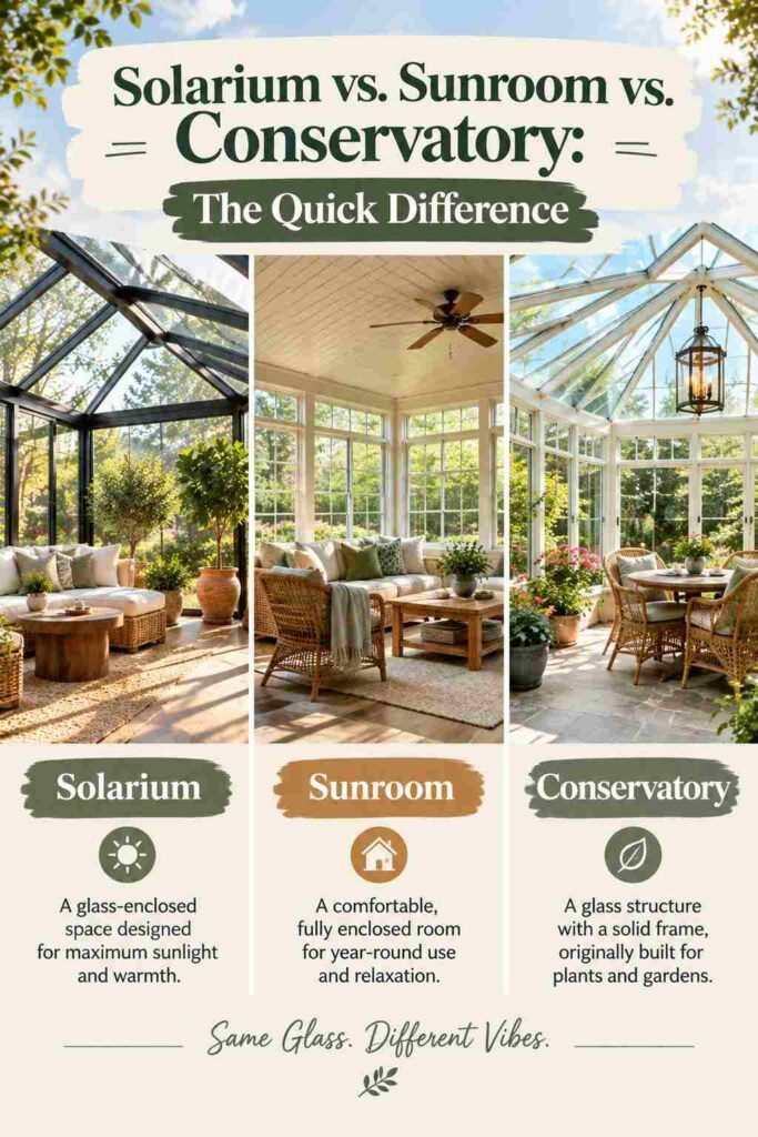 Solarium vs sunroom vs conservatory comparison showing the key differences between these glass-enclosed rooms.