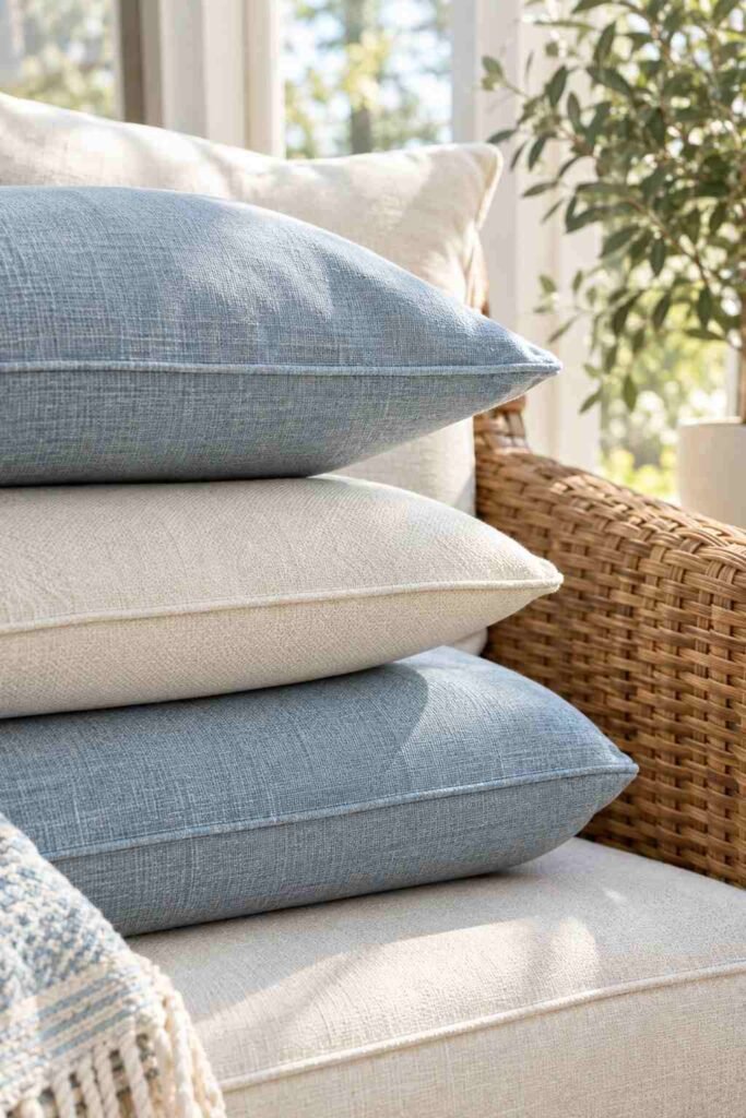 Solution-dyed acrylic cushions on indoor sunroom furniture