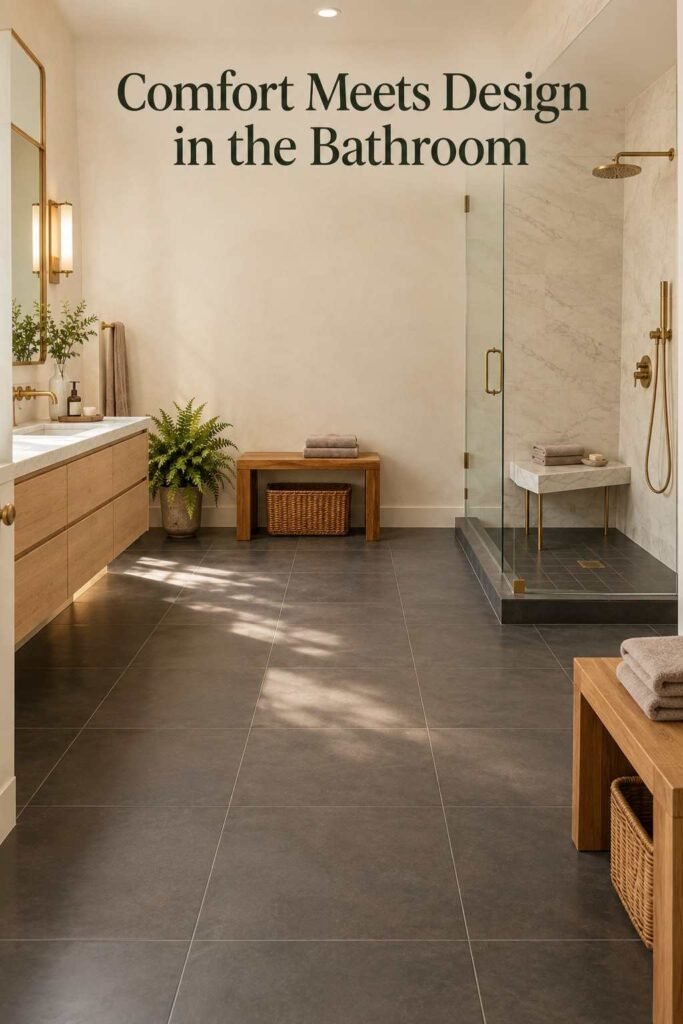 Elevated view of a spa bathroom showing a marble shower bench and a wood stool bench within the full room layout.