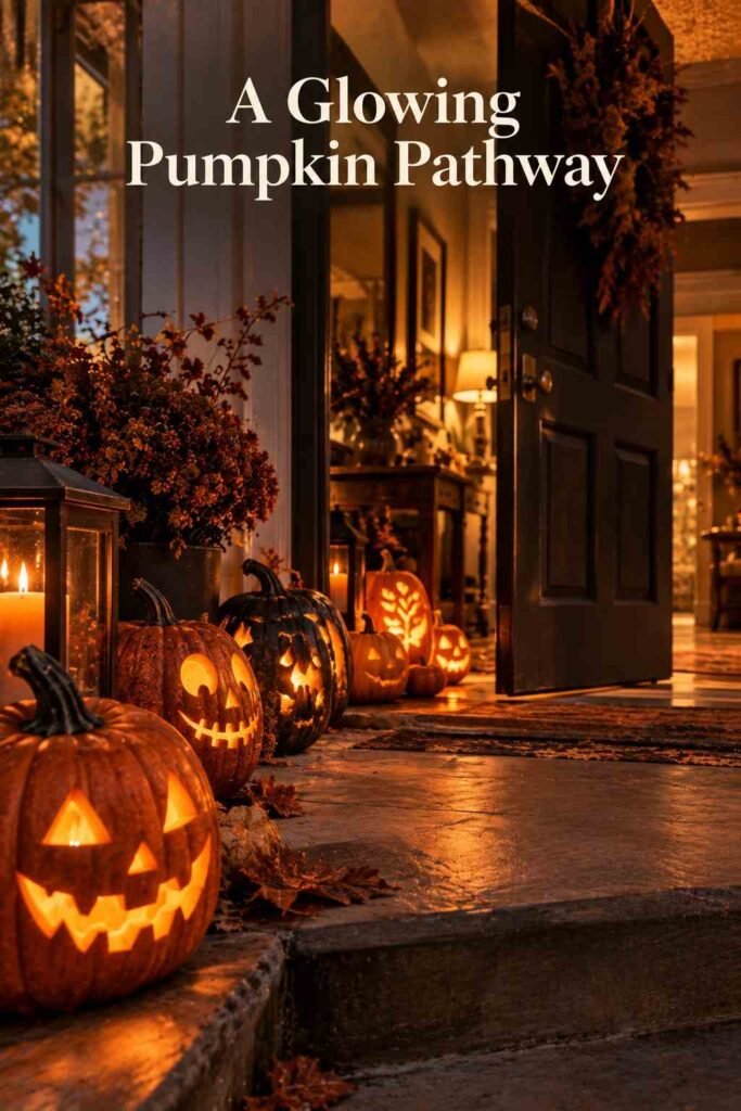 Spooky Halloween Entryway Decor Ideas for a Hauntingly Beautiful Front Entrance 4 Row of glowing carved and faux jack-o'-lanterns lining a front entryway threshold at dusk.