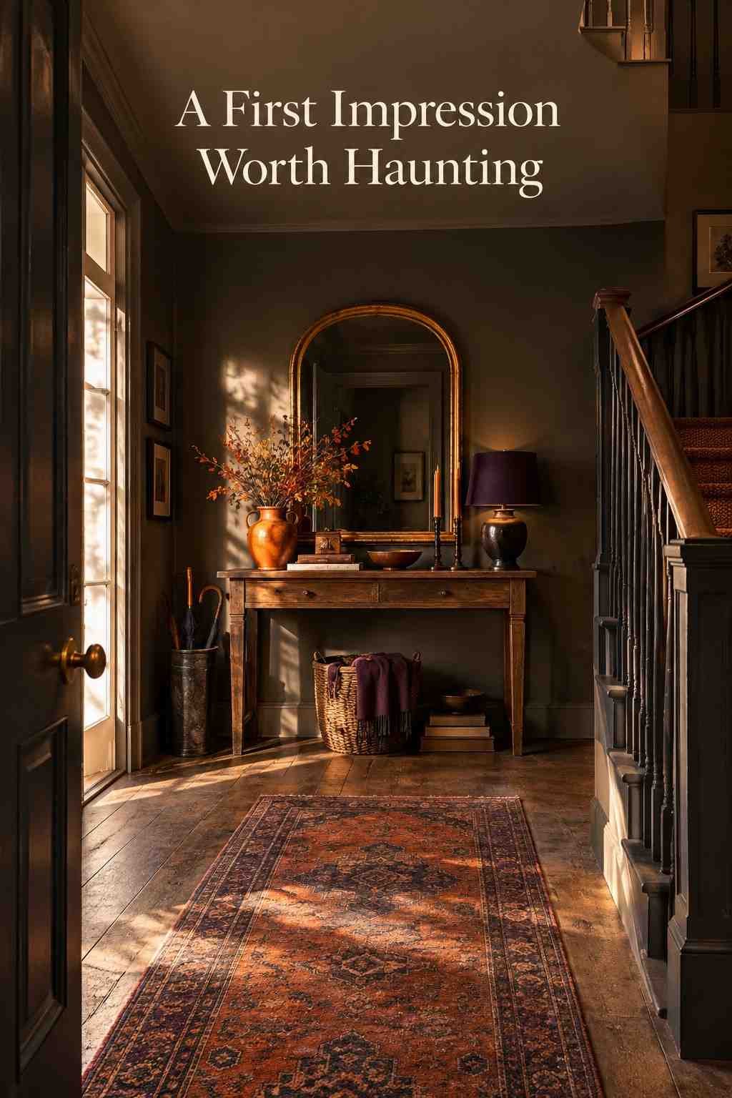 Charcoal and pumpkin-orange entryway with a wood console table, arched mirror, and runner rug styled for spooky Halloween decor.