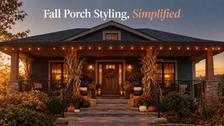 Craftsman front porch decorated for Halloween with pumpkin stacks, hay bales, and string lights at dusk