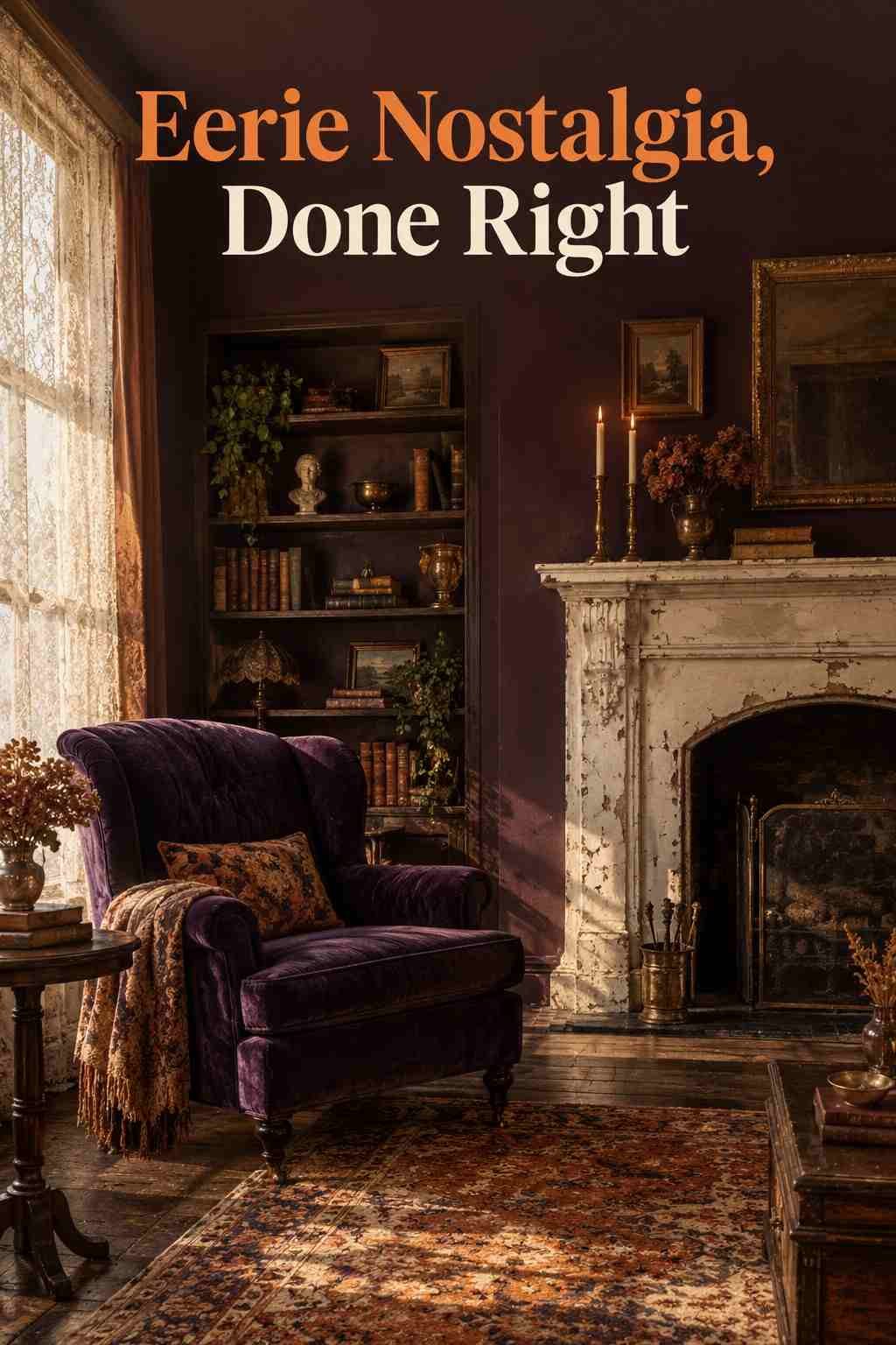 Dim, moody living room corner styled with vintage Halloween decor around a plaster fireplace mantel.
