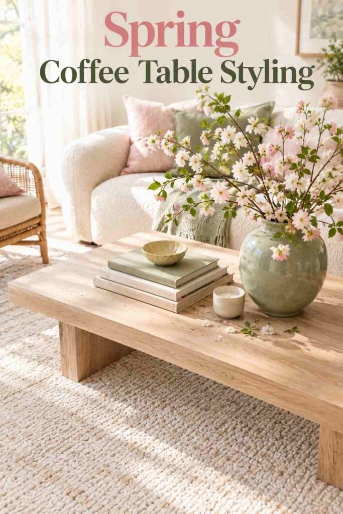 Spring Home Decor Ideas to Refresh Every Room in 2026 7 Pale oak coffee table styled with a sage green vase of flowering branches, linen-bound books, and a yellow ceramic bowl.