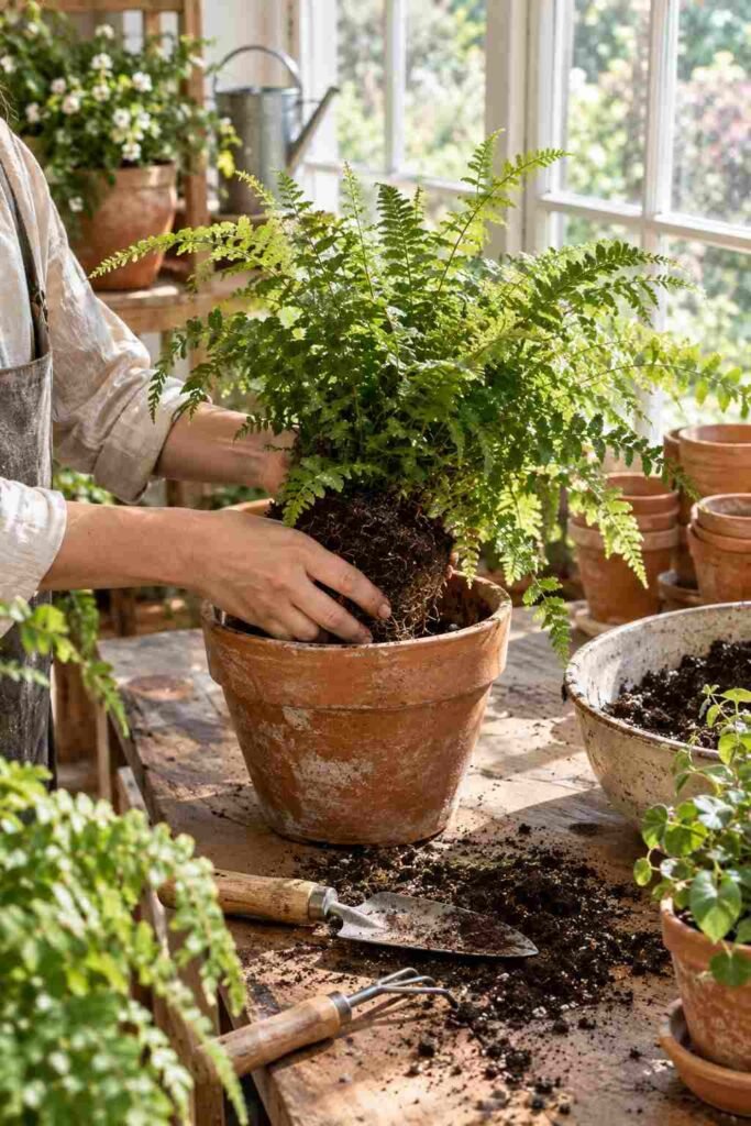 Lush Fern Sunroom Ideas to Turn Any Room Into a Living Retreat (Ideas, Plants & Care Tips) 18 Repotting a fern in spring inside a lush fern sunroom