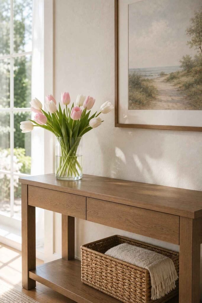 Spring console table styling with fresh tulip arrangement
