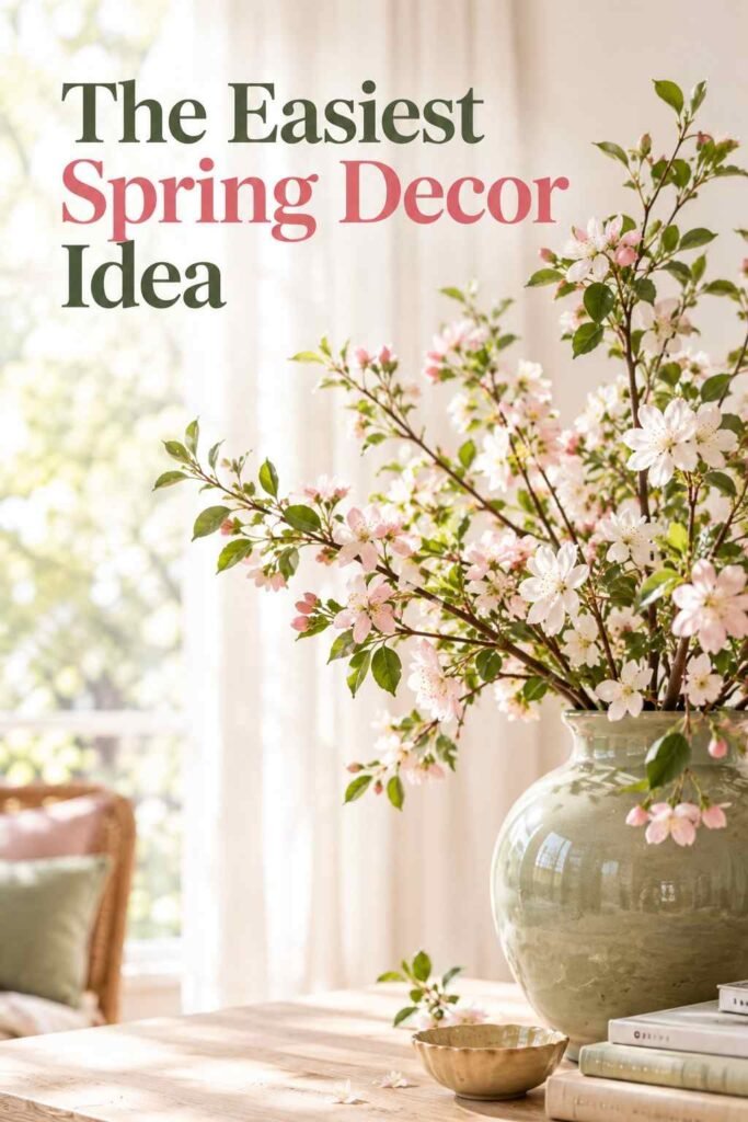 Spring Home Decor Ideas to Refresh Every Room in 2026 2 Sage green ceramic vase with fresh flowering branches backlit by soft window light.
