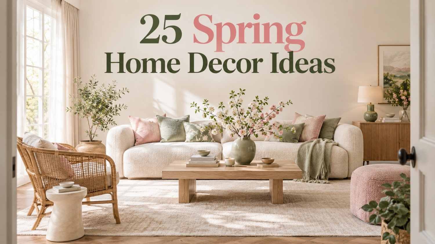 Pastel spring living room with a cream sofa, blush pink and sage green pillows, and a rattan accent chair near a sunlit window.
