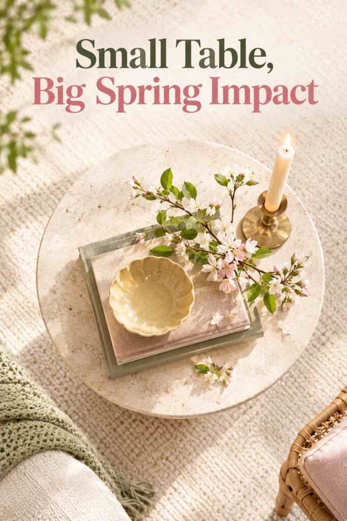 Spring Home Decor Ideas to Refresh Every Room in 2026 9 Overhead flat-lay of a side table styled with a yellow ceramic bowl, candle, books, and a small flowering branch sprig.