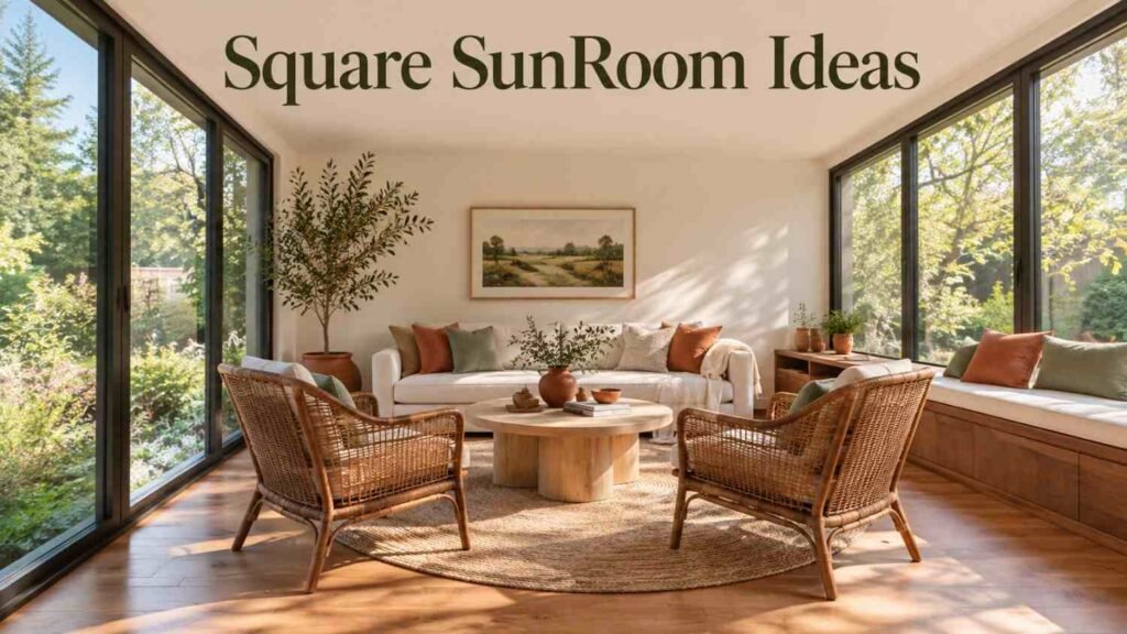 Square SunRoom Ideas to Maximize Every Corner of Your Space 10 Square sunroom with floor-to-ceiling glass walls, cream sofa, rattan armchairs, and a round jute rug.