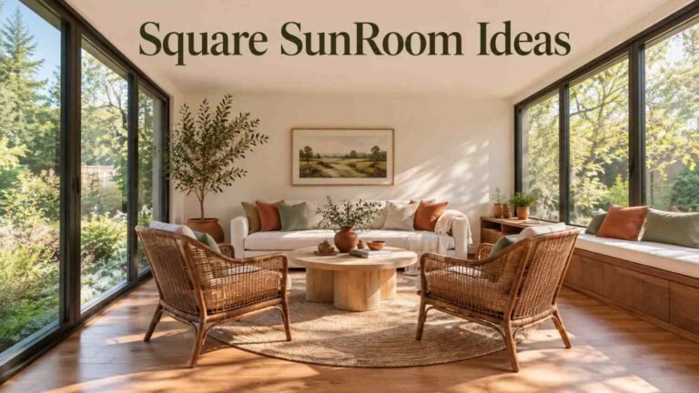 Square sunroom with floor-to-ceiling glass walls, cream sofa, rattan armchairs, and a round jute rug.