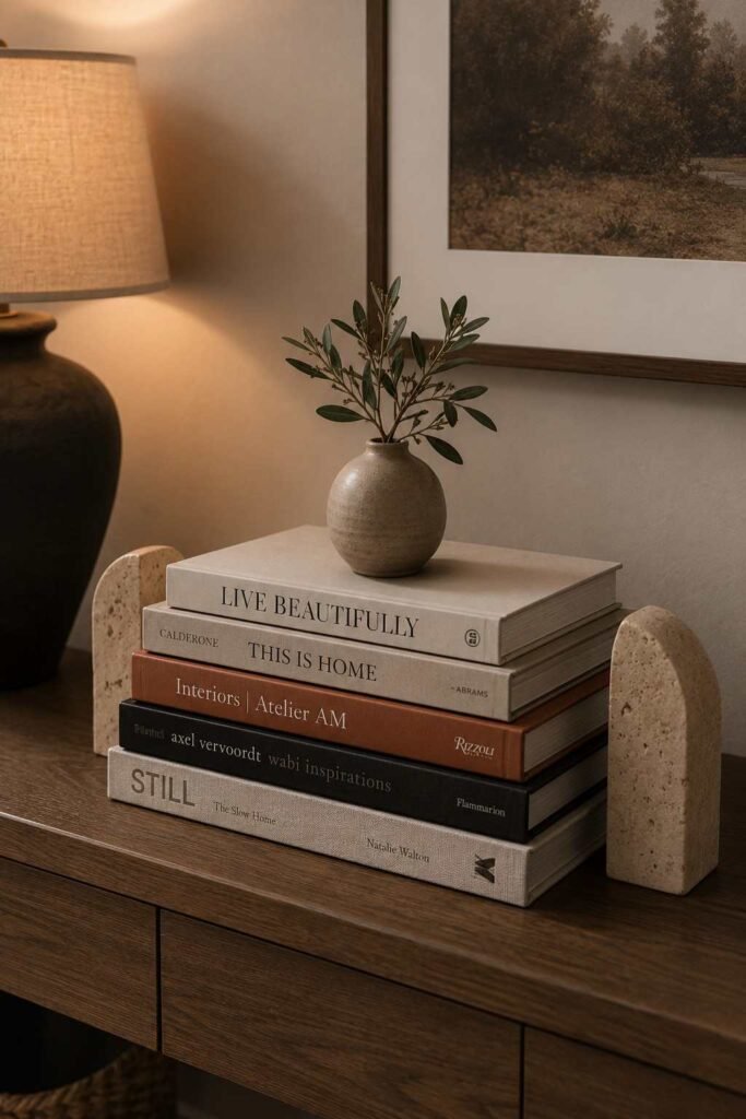 Stacked books and sculptural bookends for cozy console table styling