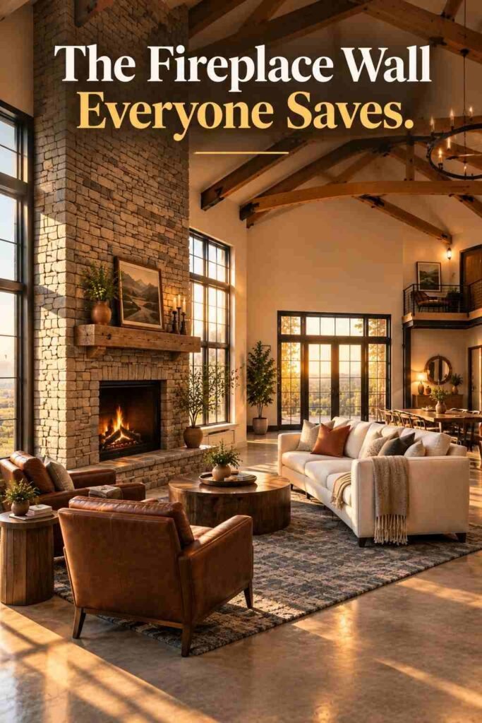 Barndominium Ideas to Inspire Your Exterior, Layout, and Interior 12 Cream linen sofa and two brown leather armchairs arranged around a round walnut coffee table facing a stacked-stone fireplace.