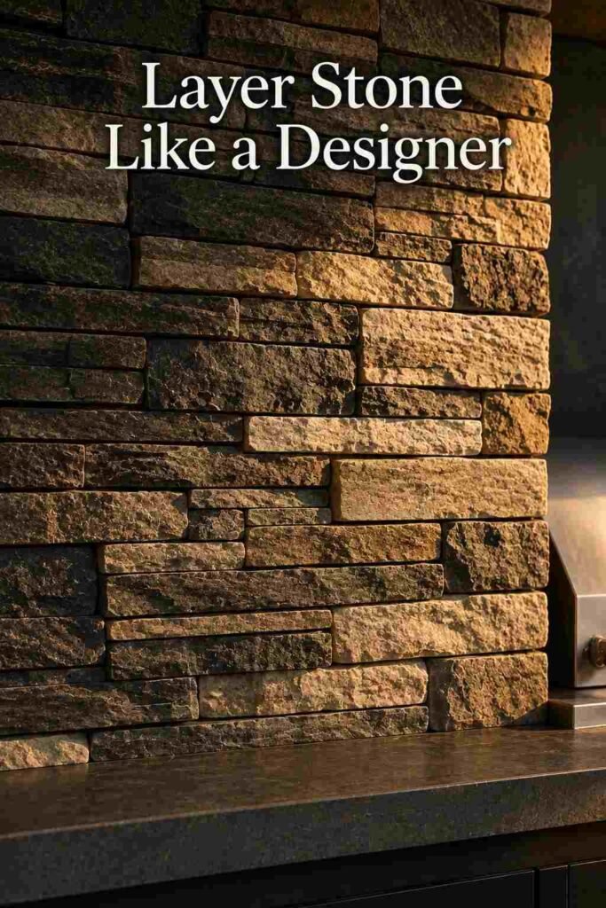 Luxury Outdoor Kitchen Ideas That Turn Your Backyard Into a Private Retreat 8 Close-up of layered stacked stone in charcoal and cream tones above a smooth charcoal countertop edge.