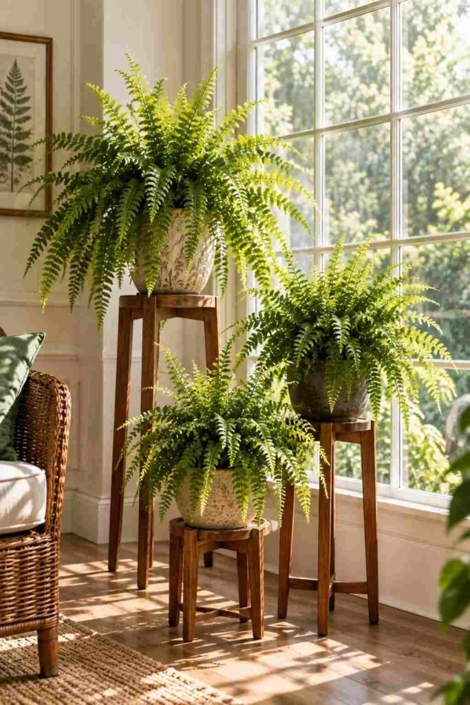 Lush Fern Sunroom Ideas to Turn Any Room Into a Living Retreat (Ideas, Plants & Care Tips) 6 Staggered plant stands displaying ferns near a sunroom window