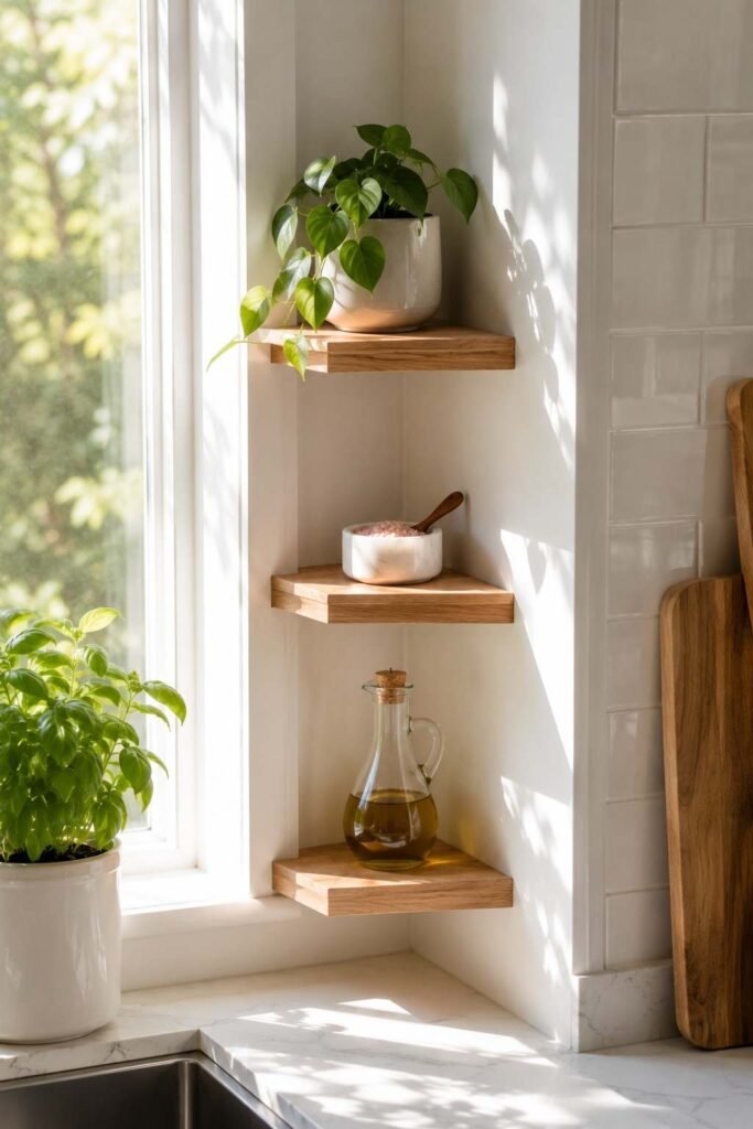 26 Kitchen Open Shelving Ideas for Corners: Styles, Sizes and Layouts 5 Staggered triangular corner shelves holding oils and a small plant in a narrow kitchen