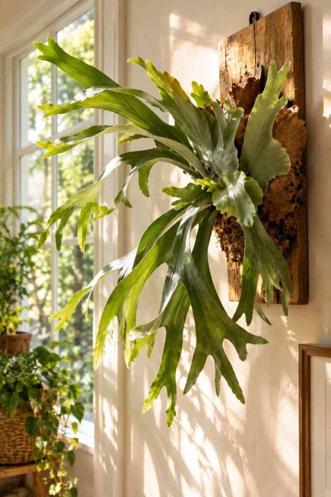 Lush Fern Sunroom Ideas to Turn Any Room Into a Living Retreat (Ideas, Plants & Care Tips) 12 Wall-mounted staghorn fern in a lush fern sunroom