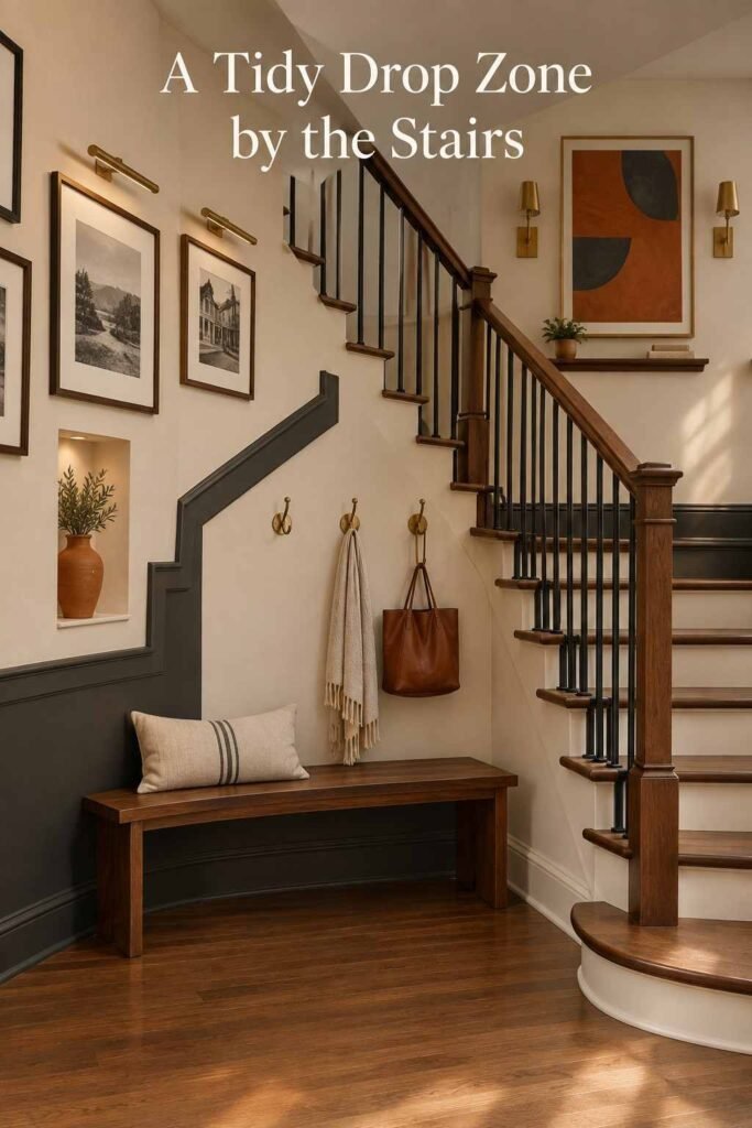 Wall-Going-Downstairs Ideas to Turn Your Staircase Into a Showpiece 12 Walnut bench and three brass wall hooks at the foot of a staircase, with the first framed photographs above.
