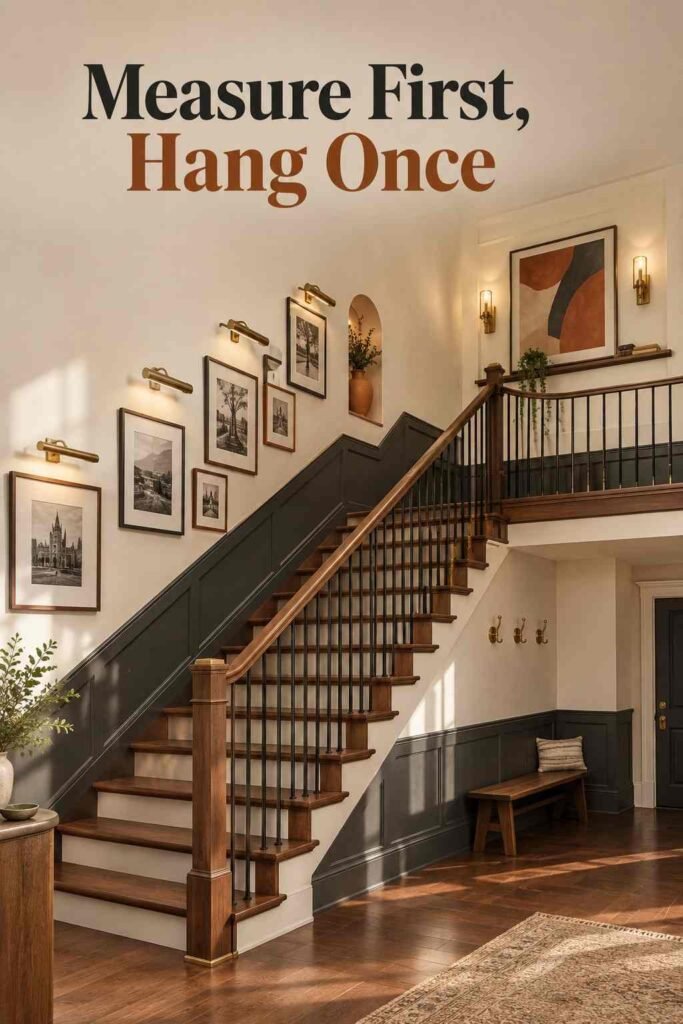 Wall-Going-Downstairs Ideas to Turn Your Staircase Into a Showpiece 3 Side view of a walnut staircase with framed photographs hung in a line parallel to the stair slope above a charcoal dado band.