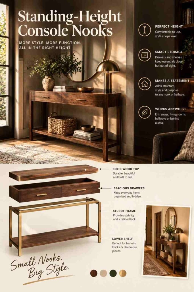 Luxury Home Office Aesthetic Ideas to Build a Refined Workspace at Home 6 Exploded view of a standing-height console nook with a walnut top, drawers, brass frame, and lower shelf.