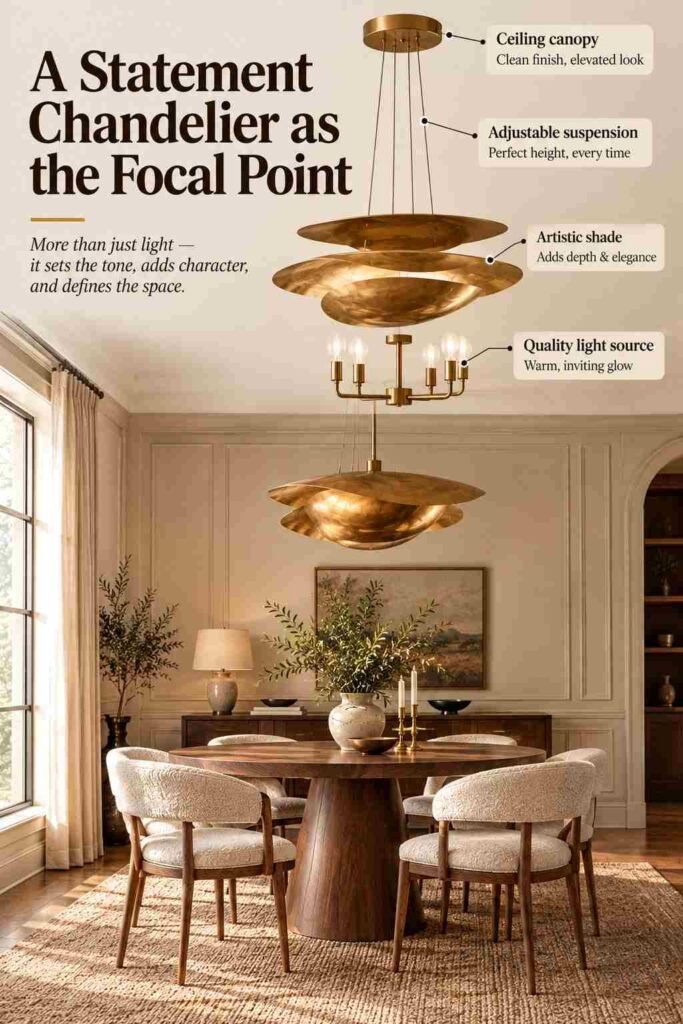Statement brass chandelier serving as the focal point of a warm dining room with walnut furniture, cream upholstered chairs, paneled walls, and natural textures.