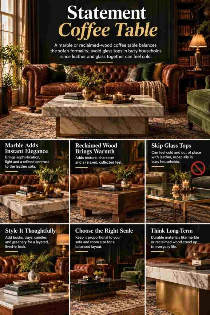 Chesterfield Sofa Living Room Ideas to Elevate Your Space in 2026 9 Statement marble coffee table paired with a leather Chesterfield sofa in a warm, sophisticated living room.