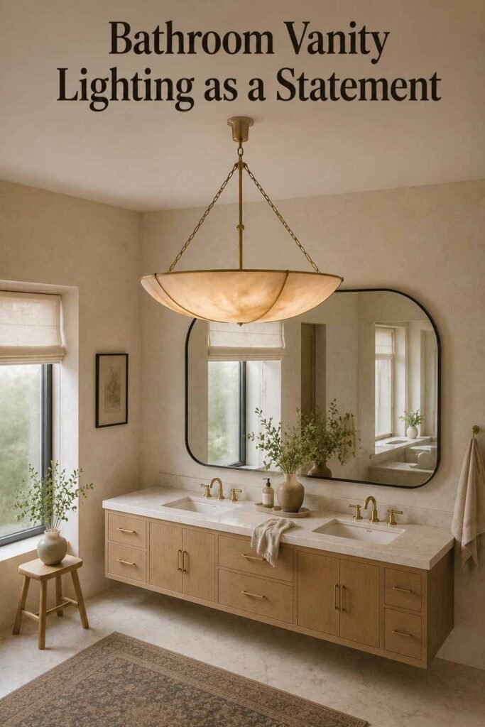 A large brass statement pendant light hanging centered above a marble bathroom vanity.