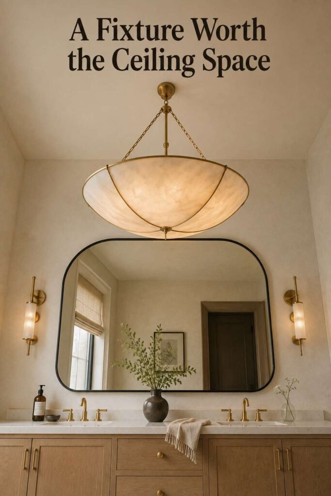 Low-angle view of a brass pendant light hanging above a bathroom mirror against a high ceiling.