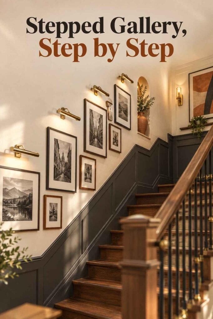 Wall-Going-Downstairs Ideas to Turn Your Staircase Into a Showpiece 5 Charcoal and walnut frames with ivory mats stepping up a cream stair wall, each lit by a small brass picture light.