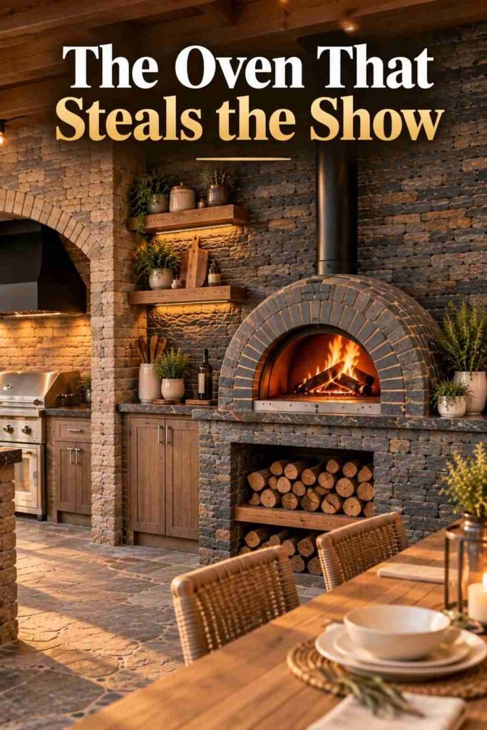 Stone-clad wood-fired pizza oven with a glowing ember opening and split logs stacked on a cedar shelf below.