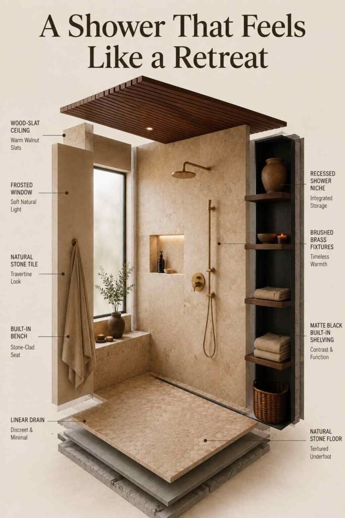 Stone-clad walk-in shower with a wood-slat ceiling and brushed brass fixture.