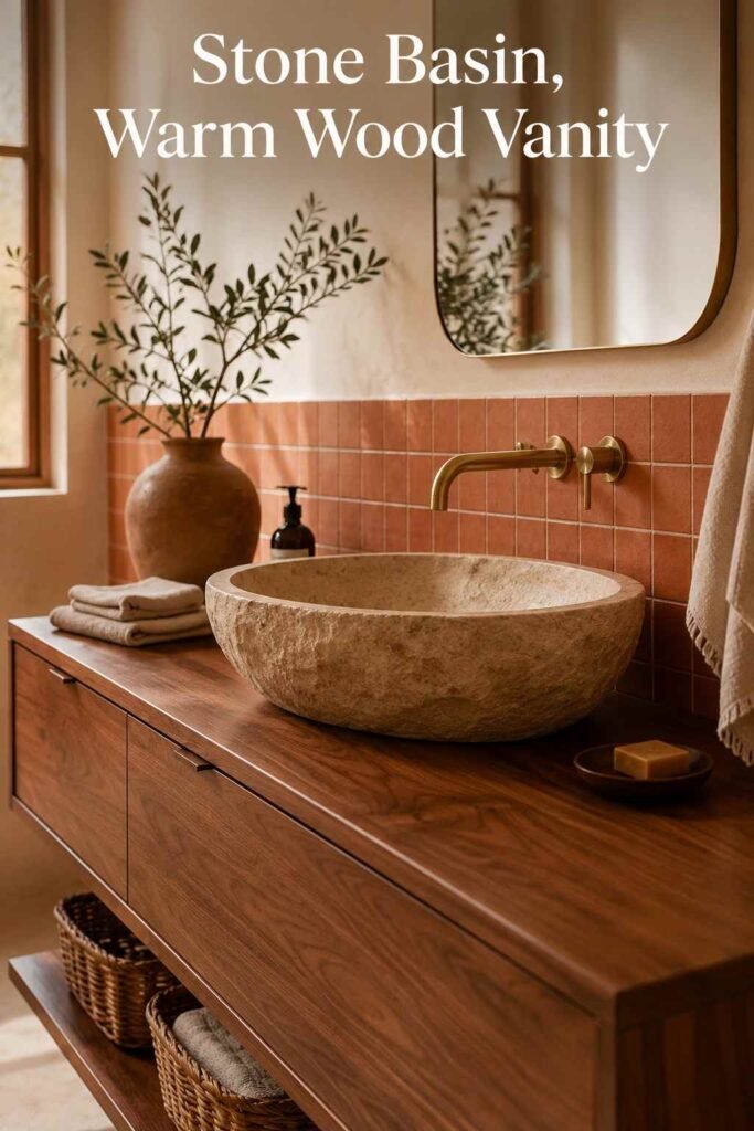 Hand-carved stone vessel basin on a walnut floating vanity with a brushed brass faucet.
