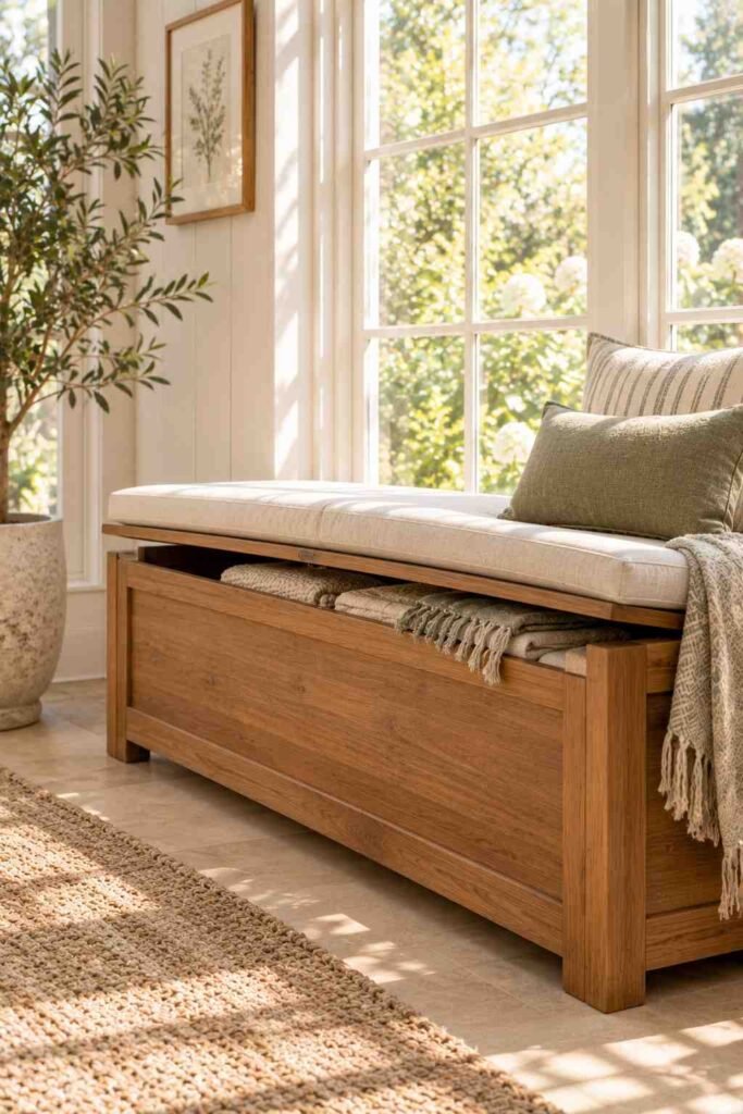 Weather-resistant storage bench used as indoor sunroom furniture