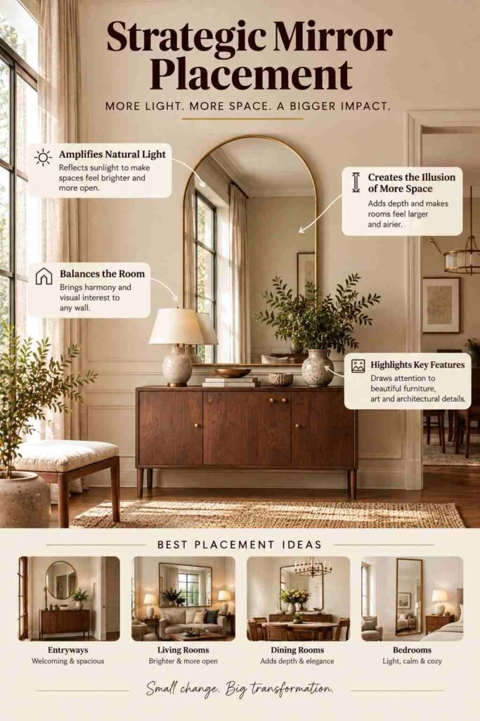 Strategic mirror placement in an elegant neutral interior, with an arched brass-framed mirror above a walnut console reflecting natural light and adding visual depth.