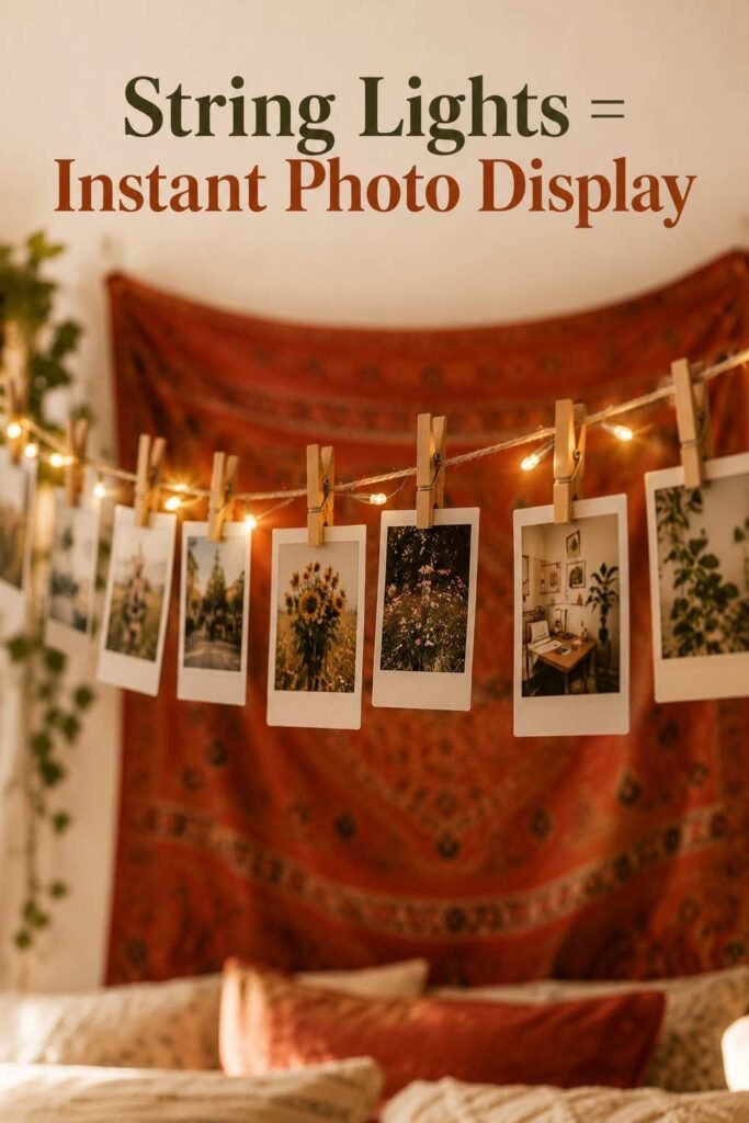 String lights with wooden clips holding instant-camera photos on a dorm wall.