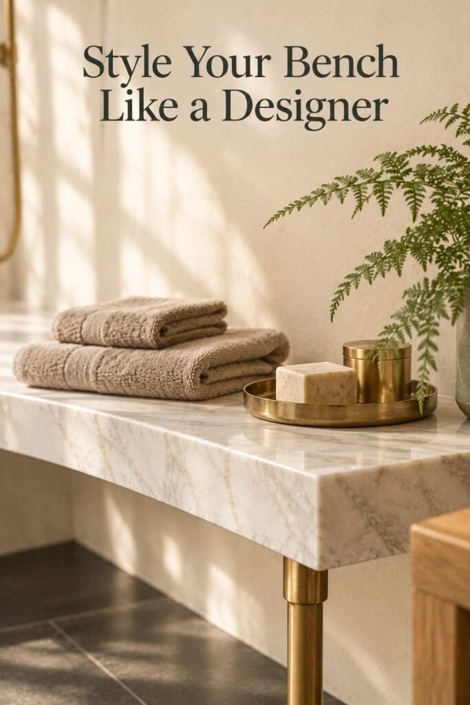 Styled vignette on a marble bathroom bench with a brass tray, soap, and a sage green fern leaf.