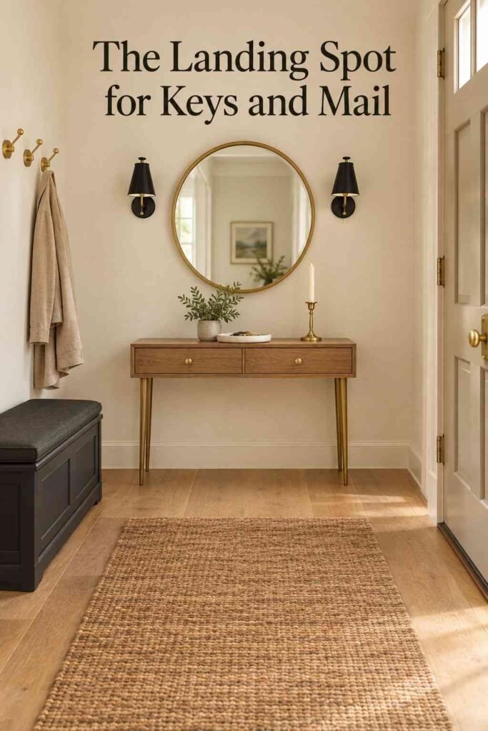 Close-up of a wood console table styled with a ceramic tray, small plant, and brass candle holder beneath a round mirror.