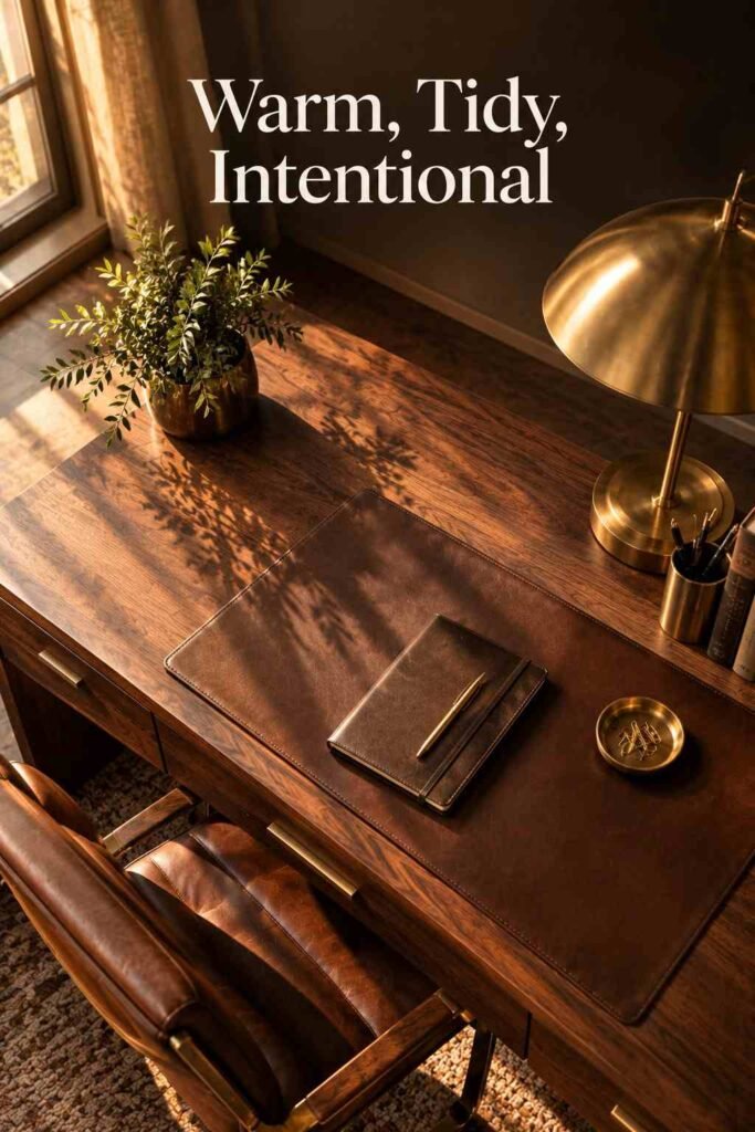 Luxury Home Office Aesthetic Ideas to Build a Refined Workspace at Home 10 Overhead view of a styled walnut desk with a leather desk pad, brass lamp, notebook, and small plant.