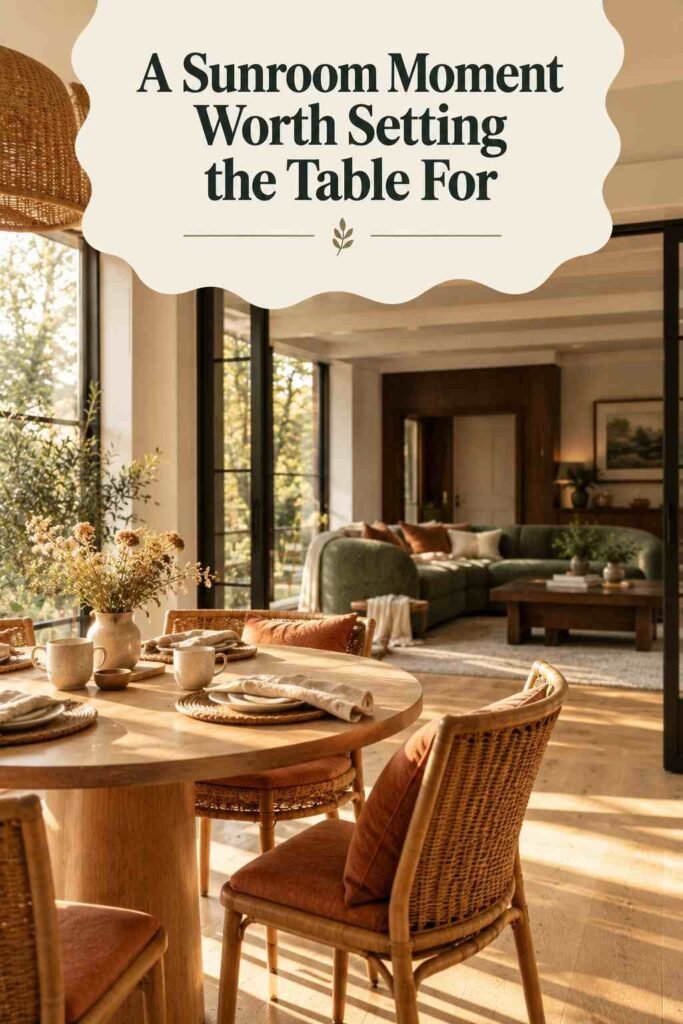 Round blonde wood dining table set with linen napkins and dried florals in a sunlit sunroom.