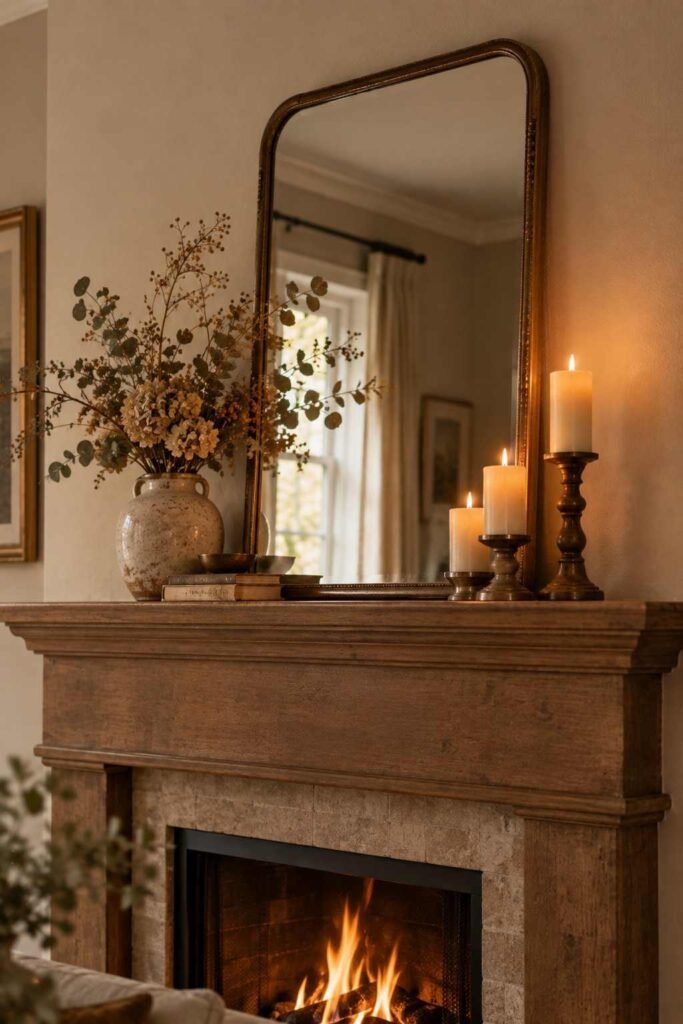 Fall Decor Indoor Ideas to Transform Your Home This Season That Actually Feel Warm 19 Fireplace mantel styled with candles and dried florals for fall decor indoor ideas
