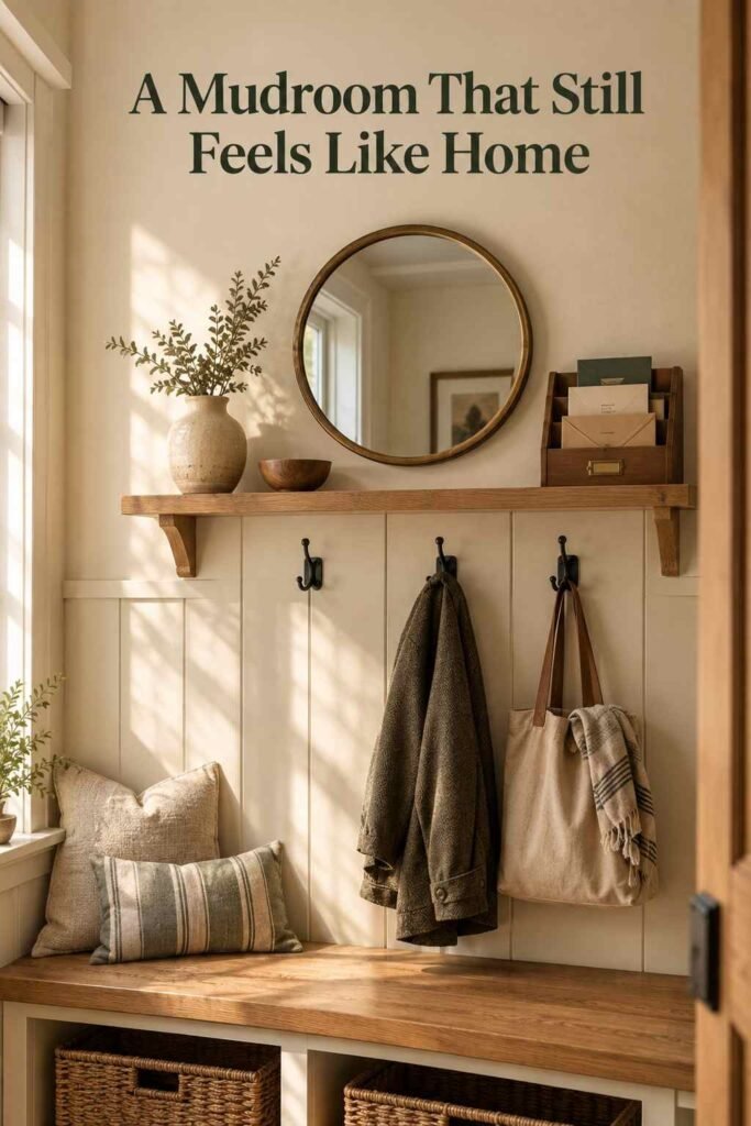 Mudroom Ideas to Transform Your Entryway Into an Organized Family Hub 3 Styled shelf above a mudroom bench with a round mirror, ceramic vase, and wall-mounted mail sorter.