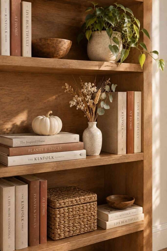 Fall Decor Indoor Ideas to Transform Your Home This Season That Actually Feel Warm 9 Open shelving styled with warm-toned books and a small pumpkin for fall decor