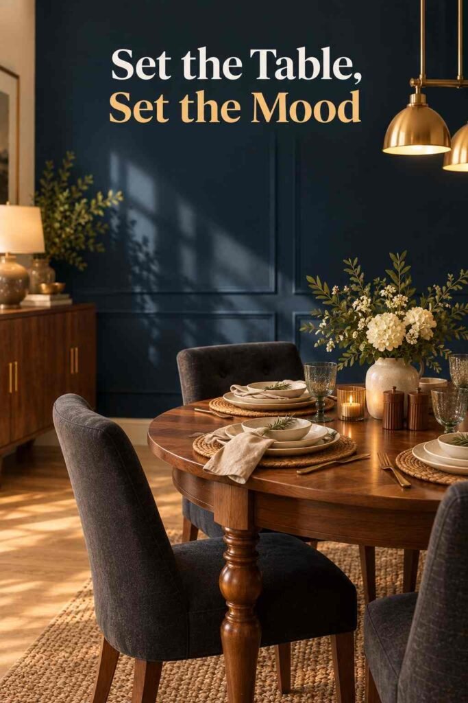 Dining Room Accent Wall Ideas That Will Transform Your Space in 2026 11 Styled table setting with linens and ceramic dinnerware in front of a navy accent wall.