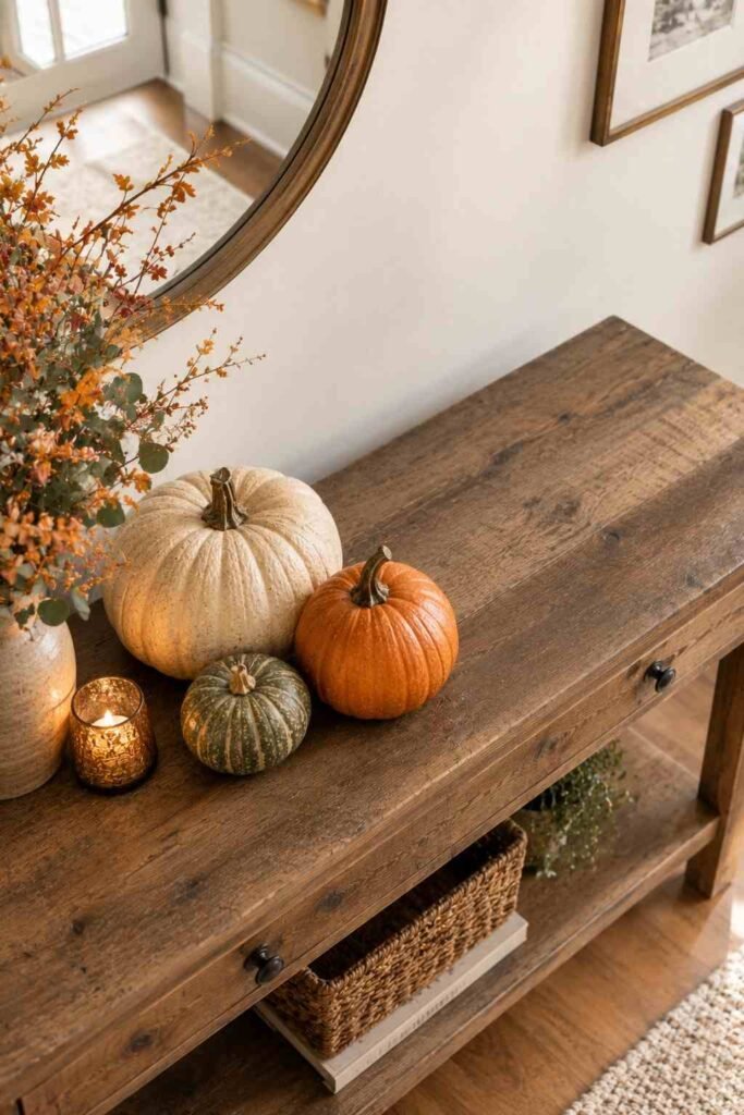 Halloween Decor for Entry Table Ideas to Welcome Guests Spooky, Elegant & Budget-Friendly 21 Rule of three styling technique Halloween decor for entry table