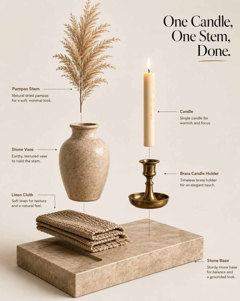 Close-up of a ceramic vase with a dried pampas stem, a lit taper candle, and a folded linen towel on a stone counter.