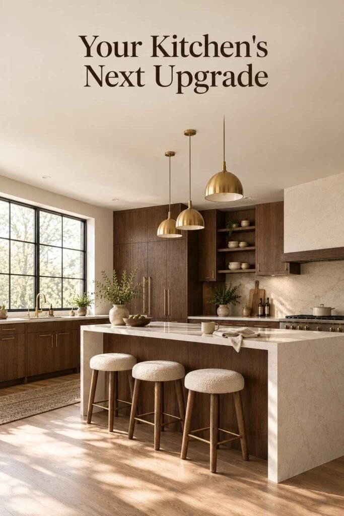 Stylish Breakfast Bar Ideas to Transform Your Kitchen in 2026 11 Wide view of a full modern kitchen with a cream quartz breakfast bar island and brass pendant lighting.